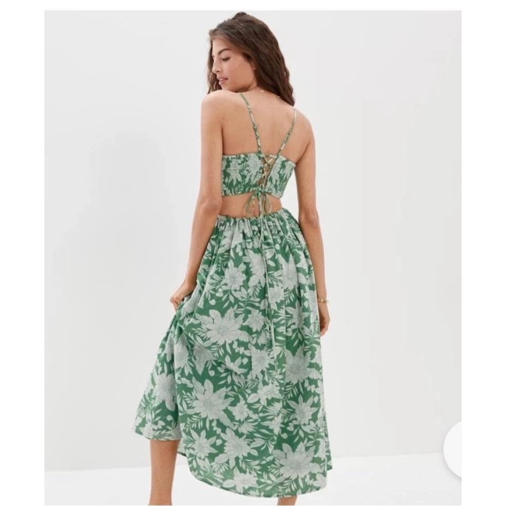 American Eagle Green Floral Tropical Corset Back Cut Out Midi Dress Medium - Picture 6 of 10